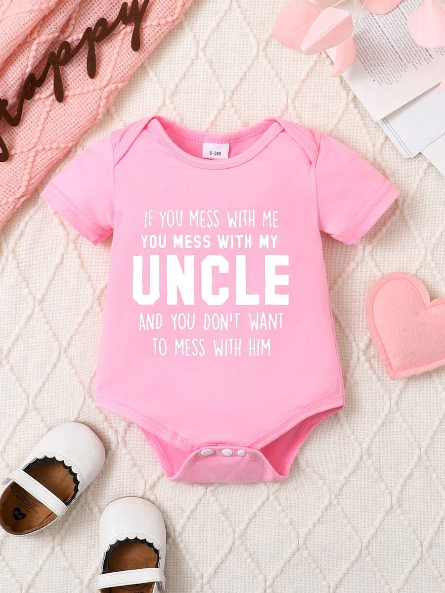 Baby Monogram Print One-Piece Short-Sleeved Cute Creeper - Pink - View 1