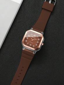 2件套女士硅胶方形手表，数字表盘，经典石英腕表+心形手链（不含表盒） - 棕色 - 查看 8