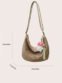 1 pieza Bolso bandolera cruzado con diseño de cuarto creciente y estampado a cuadros para mujer, con dije de dibujos animados, adecuado para ir al trabajo, compras y como regalo - Multicolor - Ver 2