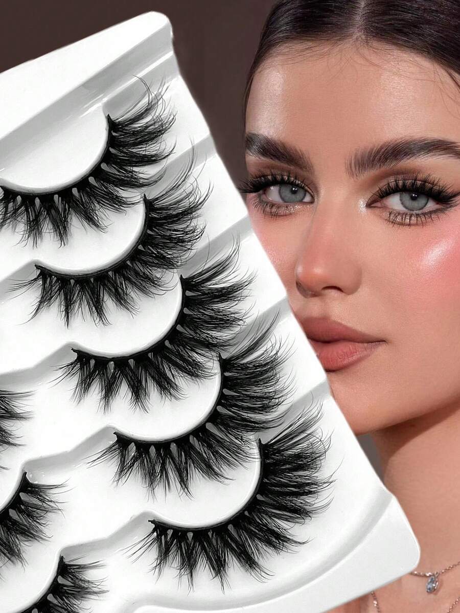 5 Pairs ENCHUW 3D Fluffy False Eyelashes, Thick Curly Natural Look Fake Lashes Suitable For Holidays, Parties, Cat Eye Cosplay, Anime, Various Occasions - Black - View 1