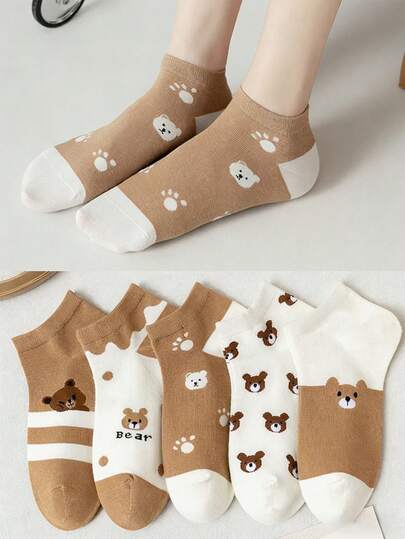 5/10双装夏季小熊图案透气短袜，白色韩版卡通船袜，低帮运动学院风百搭女款