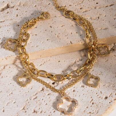 1pc Fashion Classic Hollow Four-Leaf Clover Non-Fading Hypoallergenic Bracelet, Luxury Versatile Double-Layer Bracelet Accessory, Suitable For Women's Daily Wear, Weddings, Birthdays, Parties And As Gifts For Friends, Mothers, Etc.