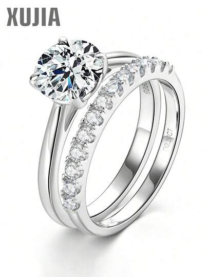 XUJIA 一套925纯银结婚周年纪念圆形切割8毫米和2毫米莫桑石四爪镶嵌新娘戒指套装（女士款）