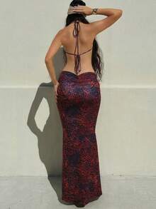 Vestido Largo Halter para Mujer con Estampado, Escote V Profundo y Espalda Descubierta, Vestido Ajustado con Cadena Decorativa para Verano Playa Fiesta - Rojo - Ver 4