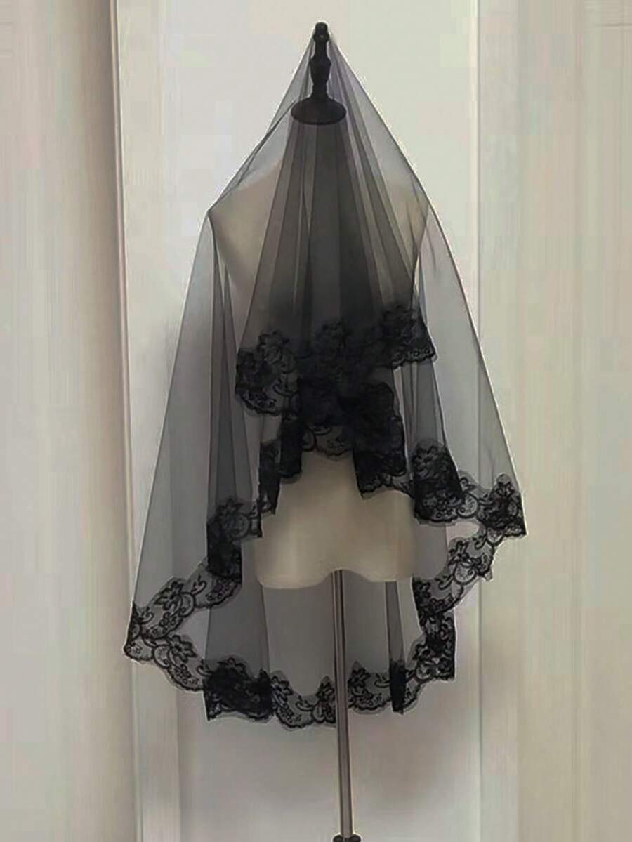 1 buah Hiasan Kepala Kerudung Renda Gaya Gotik Mewah, Hitam 55,12 Inci (140cm) Poliester Kerudung Renda Elegan Panjang Sedang, Cocok Untuk Pernikahan, Pesta, Pertunjukan Panggung - hitam - View 1
