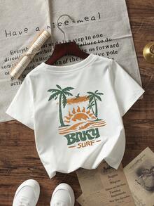 1件婴儿/幼儿男童创意卡通图案字母标语印花基本款圆领短袖T恤，休闲时尚 - 白色 - 查看 2