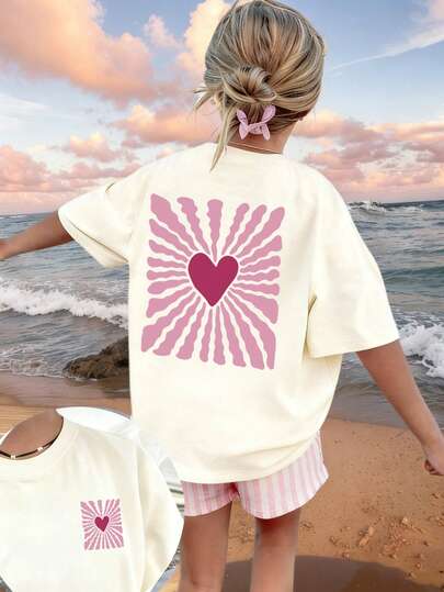 Tween Girl Vintage Heart Print Bohemian Style T-Shirt, Soft And Comfortable Fabric, Suitable For Girls To Wear For Travel, Vacation, Outdoor Sports, Daily Wear, Casual Travel, Best Choice! Fashionable Tween Girls Casual Versatile Top For Spring And Summer