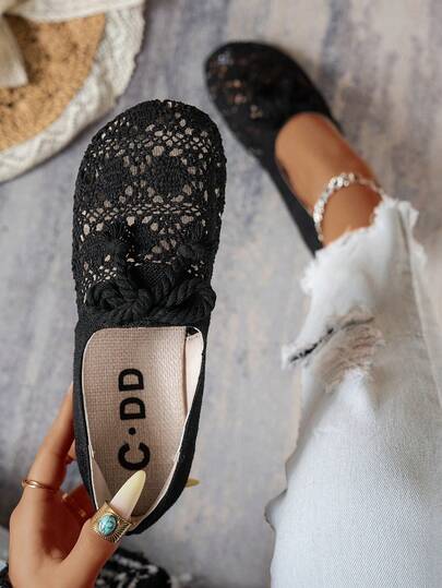 Linen Summer Mesh Shoes New Loafers Bow Knot Woven Women's Hollow Flat Shoes, Fashion Comfortable Lightweight Casual Slip-On Flat Shoes Suitable For Daily Commute And Outdoor Wear