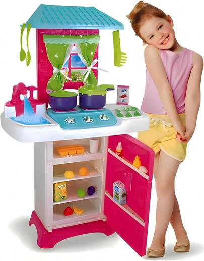 Conjunto Cozinha Infantil Gigante Completa com Pia, Geladeira e Fogão com Telhado – Brinquedo Cozinha para Criança, Acessórios Inclusos, Brinquedos Inclusos, Cozinha, Comidinha, Panelinhas