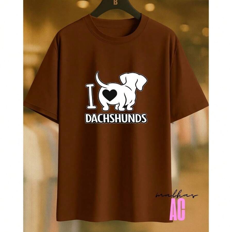 Love Dachshunds Sausage Dog T-Shirt 02 Printed White 100% Cotton Unisex Men's Women's Comfortable - 鏽棕色 - 查看 1