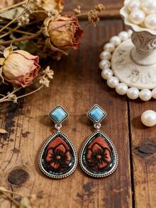 Pendientes de botón con flor de resina rojo-marrón estilo bohemio, pendientes de gota de turquesa verde en capas - Multicolor - Ver 3