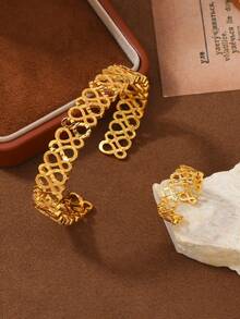 2pcs 24K Gold Plated Hollow Double-Ring Bracelet And Ring Set, Middle Eastern Saudi Arabia Ramadan Style, 3D Geometric Texture + Intricate Woven Design, Vintage Luxury Party Accessories - Yellow Gold - View 7