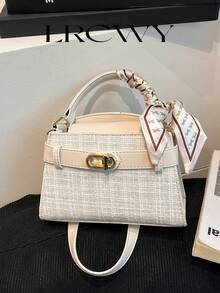 女士方形手提包，时尚优雅小巧，配有同色系围巾搭扣，白色，适合斜挎、通勤，可装手机、口红等物品 - 白色 - 查看 3