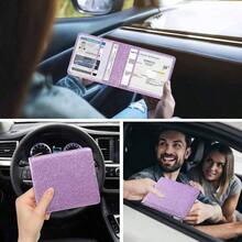 Portadocumentos para Registro e  de Automóvil, Organizador de Guantera de Cuero para Tarjetas y Documentos de Vehículo, Accesorios Esenciales para Compartimento de Auto y Camión, Información Esencial, Tarjetas de Licencia de Conducir, Azul Oscuro - Estilo básico corto + purpurina morada - Ver 5