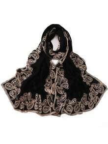 1pc Heavy Embroidered Middle Eastern Black Embroidery Scarf With Tassels, Rectangular Muslim Hijab Scarf - Multicolor - View 3