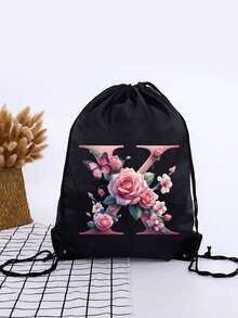 1pc Summer New Floral & Letter Outdoor Sports Bag, Football Backpack, Basketball Backpack, Boys & Girls Sports Bag, Hiking Backpack, Large Capacity Lightweight Drawstring Bag - Black - View 33
