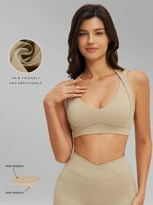 Sutiã Esportivo Feminino MFVIM para Primavera/Verão, Design de Alça Assimétrico Sutiã Esportivo Sexy Sem Fio com Levantamento e Suporte, Tecido Macio, Respirável e Confortável de Alta Elasticidade Amigável à Pele, Adequado para Uso Casual, Transporte, Outdoor, Corrida, Ciclismo, Yoga, Pilates, Exercícios na Academia - Bronze - Visão 5