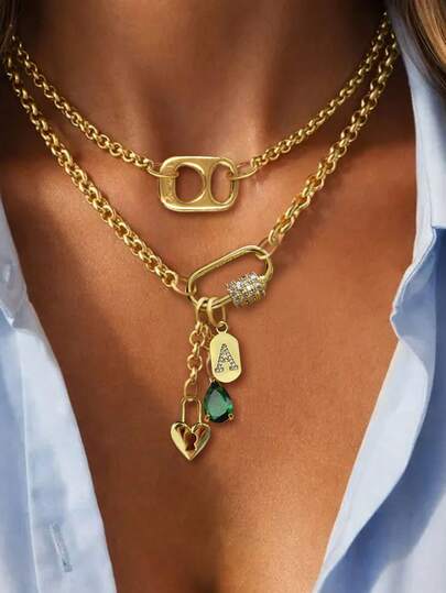 1pc Gold Letter Necklace With White Diamond Chain And Green Diamond Pendant, Fashionable Elegant Multi-Pendant Necklace, Unique Luxury Suitable For Women