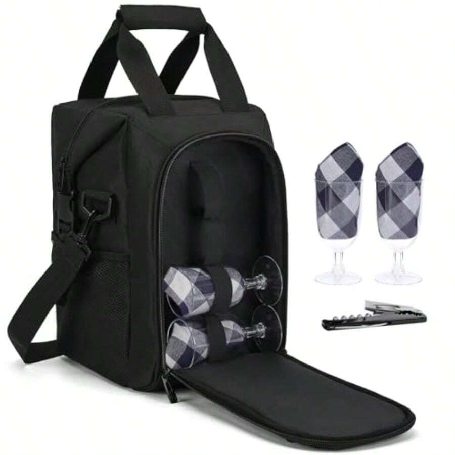 ALLCAMP Bolsa de regalo de vino de 4 botellas enfriador de bolsa aislado correa ajustable incluye 4 copas de vino servilletas y sacacorchos regalo de viaje portátil negro - Negro azabache - Ver 1