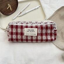Checkered Makeup Pouch, Pencil Case, Lace Design, Large Capacity, Stylish And Cute, Perfect For Women, High School Girls, Stationery, Small Items, Pouch, Korean Style, Outings, Gift, Navy, White, Simple, Casual, Luxurious Design, Stylish - Blue Pencil Case - View 12