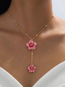 A New Women's Fashion Pendant Necklace, Elegant, Featuring A Handmade, Five-Petal Gradient Pink Flower Pendant, Designed To Match. - Multicolor - View 1