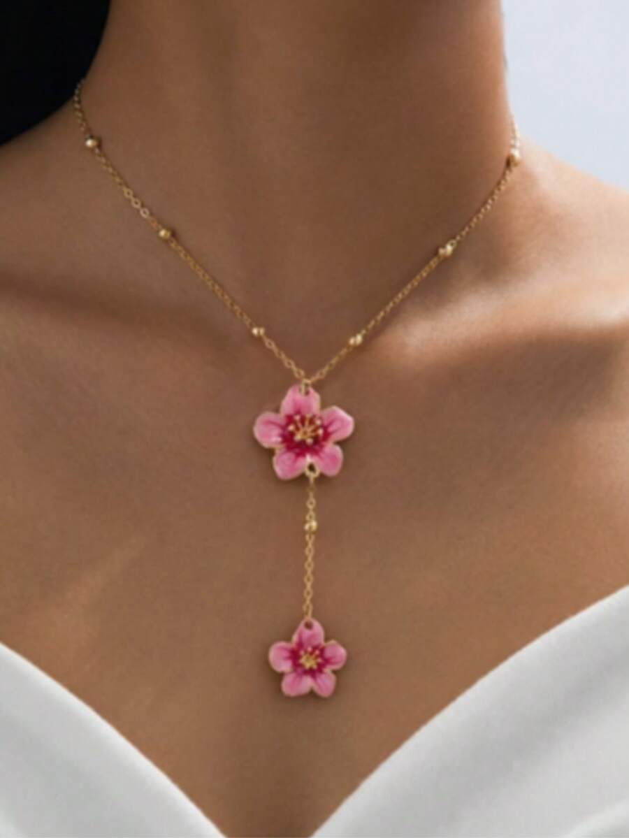 A New Women's Fashion Pendant Necklace, Elegant, Featuring A Handmade, Five-Petal Gradient Pink Flower Pendant, Designed To Match. - Multicolor - View 1
