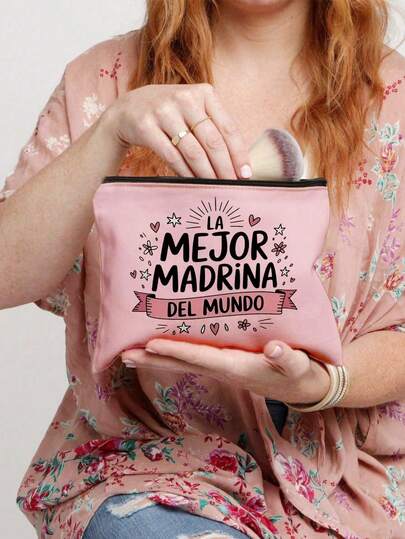 “La Mejor Madrina”图案化妆包，送给女孩的礼物，可爱复古简约时尚字母印花收纳包，化妆品小袋，收纳包，化妆品收纳包，洗漱包，轻便可折叠收纳包，简约购物袋，教师节礼物手拿包，适合个人旅行化妆品收纳，母亲节礼物