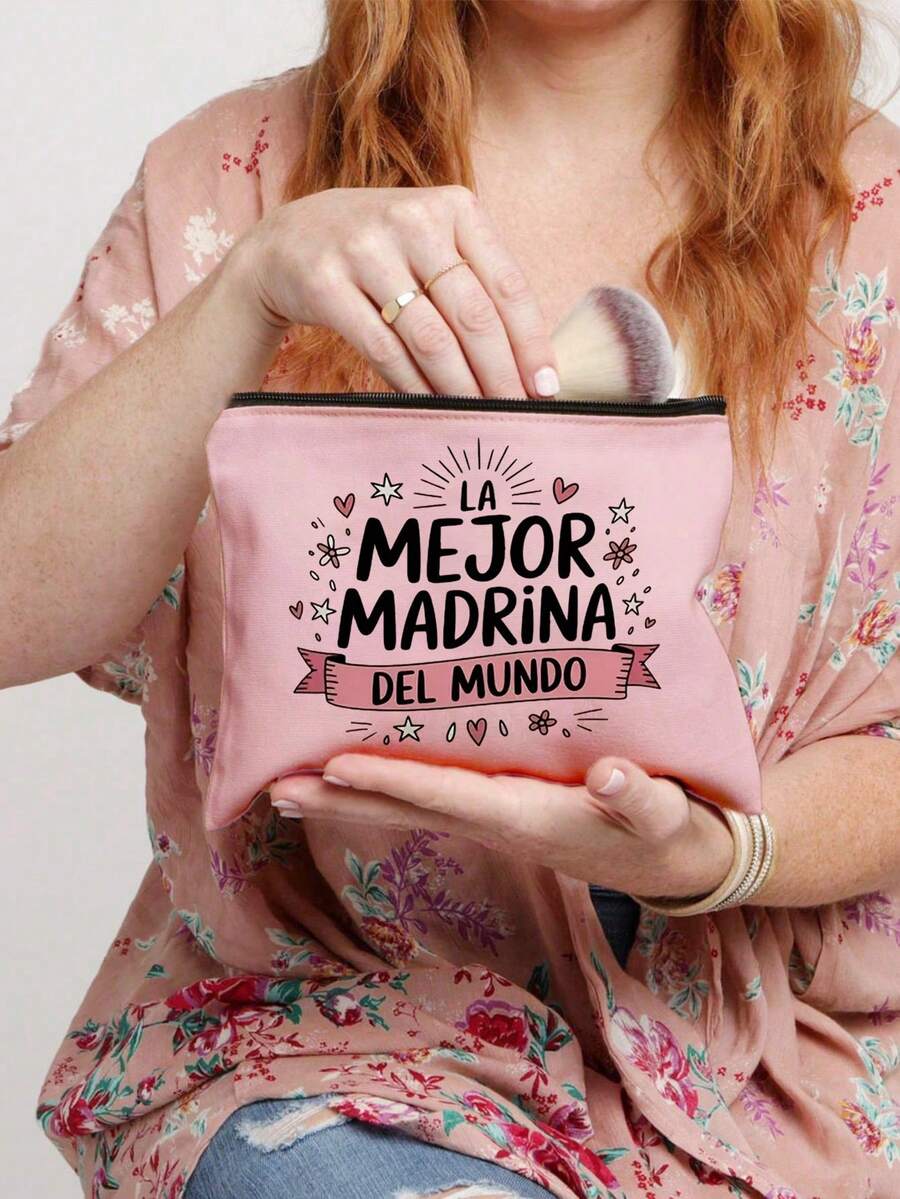 Best Godmother' Pattern Cosmetic Bag, Gift For Girls, Cute Retro Minimalist Letter Print Pouch, Small Items Storage Bag, Makeup Organizer Bag, Toiletry Bag, Foldable Lightweight Storage Bag, Minimalist Shopping Bag, Teacher's Day Gift Clutch, Suitable For Personal Travel Cosmetics Storage, Mother's Day Gift