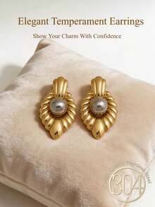 14K Gold Plated Stainless Steel Vintage Pearl Earrings, Suitable For Young Women, Fashionable Minimalist Gray Pearl Earrings, Thick Round Women's Earrings, Asymmetrical Hollow Geometric Earrings, Wedding Jewelry, Suitable For Casual Daily Wear - Gold - View 3