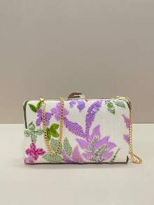 【闪亮晚宴包】新款时尚女士手拿包，装饰盒形包，时尚闪亮晚宴单肩/斜挎小方包，亮片刺绣花卉链条晚宴包，适合婚礼、派对、生日、舞会及各种场合（图案随机） - 紫丁香色 - 查看 3