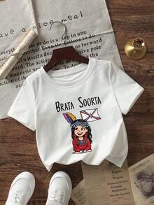 1pc Baby Girls' Creative Cartoon Graphic Letter Slogan Print Basic Round Neck Short Sleeve T-Shirt, Casual & Fashionable Infant Clothing - White - View 2