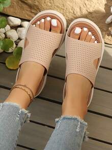 女士运动凉鞋、拖鞋、夏季露趾厚底低跟休闲时尚穆勒鞋 - 米色 - 查看 3