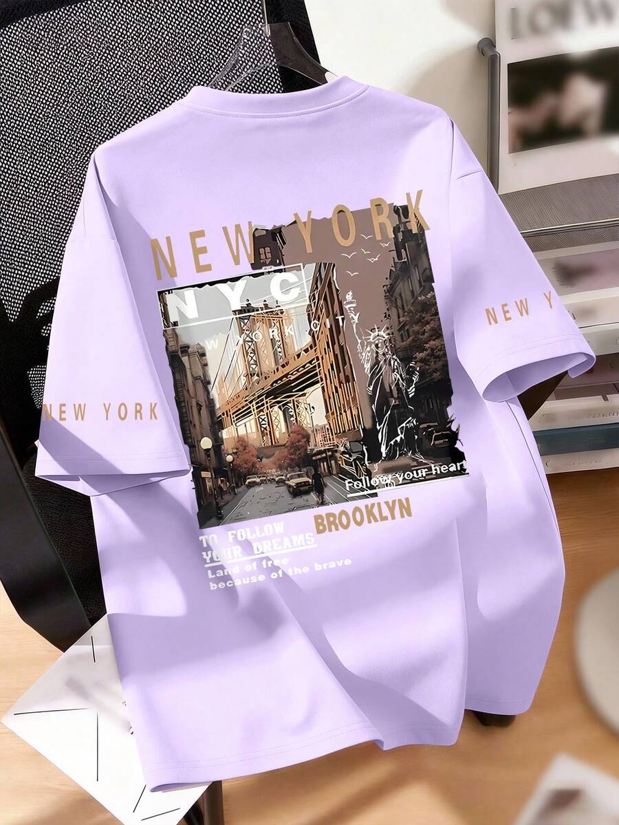 Teen Boys New York City Print Crew Neck T-Shirt Summer Style - Mauve Purple - View 1