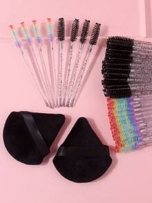 100支装柔韧手柄睫毛眉刷，多功能眼部化妆刷 + 2个柔软精细三角化妆海绵 - 黑色 - 查看 4