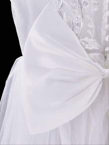 Girls' Floral Embroidered Bowknot Long Sleeve Mesh Formal Dress, Suitable For Flower Girl, Wedding, Festival, Prom, Spring/Summer - White - View 10