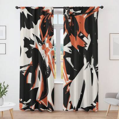 2PCS Abstract Art 2D Flat Print Curtains, Black, Orange And White Contrasting Design, Modern Living Room And Bedroom Half-Blind Decor
