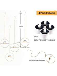 4-Piece Outdoor Solar Pendant Light Set, Gold Metal Candlesticks, With Solar-Powered Tea Wax, Waterproof, Suitable For Decorating Trees, Gazebos, Patios, Gardens, And Backyards. - 圓環 - 查看 9