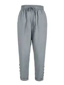 Jisfaneya Plus Size Solid Color Drawstring Waist Lace Trim Linen Blend Casual Straight Leg Capri Pants, Spring/Summer - Light Grey - View 2