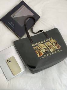 Dedoo 文学复古埃及风印花大容量帆布手提包，女士个性化励志单肩包，适合日常通勤、图书馆学习、城市漫步、上学或短途旅行 - 黑色 - 查看 7