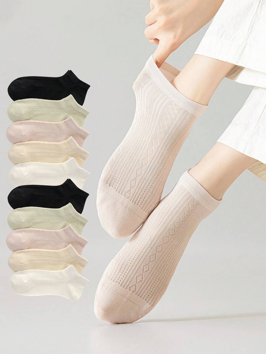 5双菱形图案薄款透气女士短袜，柔软时尚休闲袜，适合春夏穿着 - 彩色 - 查看 1