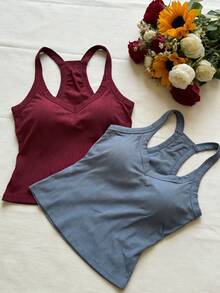 2pcs/Set Women's Summer Camisole Tops, Fitted Solid Color Basic Camisole With Chest Pads - Multicolor - View 4