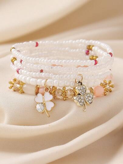 6pcs Bohemian Minimalist Elegant Luxury Handmade Beaded, Crystal Clover Charm Elastic Stacking Bracelet Set, Suitable For Women Party, Gift, Vacation, Perfect Present, All Season, Casual Daily Wear
