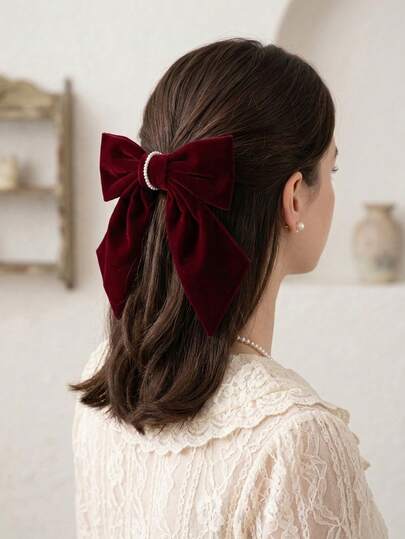 1件女士优雅酒红色天鹅绒大蝴蝶结发夹，饰有珍珠，复古法式发卡