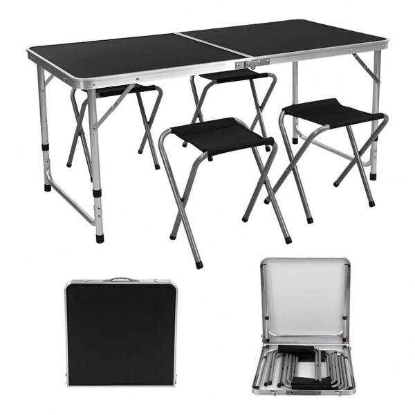 Mesa Plegable Portafolio 1.20M Negra 4 Sillas Portátiles 3 Alturas Regulables