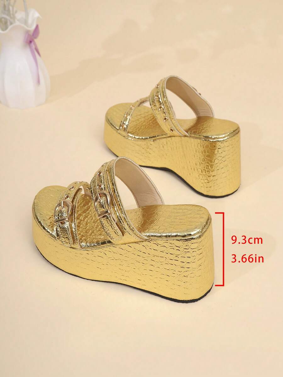 1 Pair Fashionable Buckle Decor Platform Sandals, Versatile For Outdoor Wear In Spring And Autumn - Gold - View 1