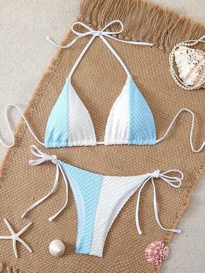 New Special Knitted Jacquard Fabric Contrast Color Spaghetti Strap Bikini Set, Suitable For Vacation, Party, Photo Shoot