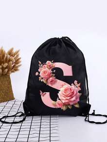 1pc Summer New Floral & Letter Outdoor Sports Bag, Football Backpack, Basketball Backpack, Boys & Girls Sports Bag, Hiking Backpack, Large Capacity Lightweight Drawstring Bag - Black - View 11