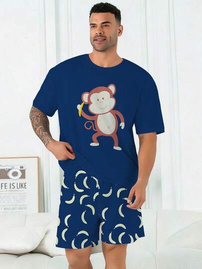 Plus Size Men's Pajama Set | Round Neck Short Sleeve Top And Elastic Waist Casual Shorts 2-Piece Set | Polyester Knit Fabric Soft Breathable Loose Comfortable | Funny Cute Banana Monkey Pattern Print Casual Design