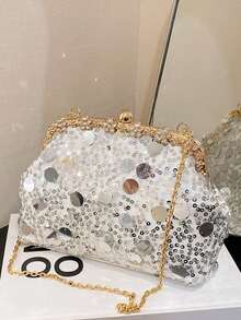 Women's Glitter Sequins Starry Sky Shell Bag With Clip Closure Crossbody Handbag - White - View 1