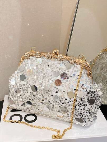 Women's Glitter Sequins Starry Sky Shell Bag With Clip Closure Crossbody Handbag